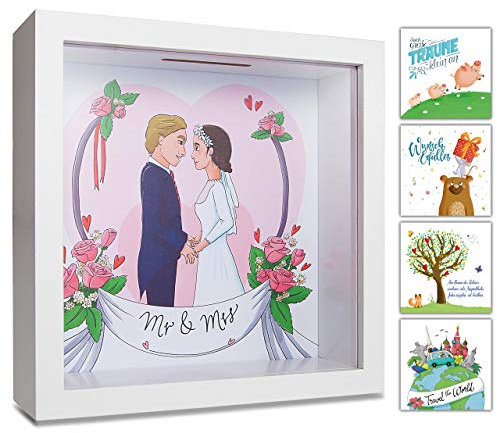 GLÜCKSWOLKE - Spardose Mr & Mrs I Motiv Hochzeit I 3D Bilderrahmen befüllen I Geldgeschenke Verpackung für JGA, Brautpaar, Hochzeitsgeschenk I Sparschwein Deko I Sparbüchse Hochzeitskasse Geschenk