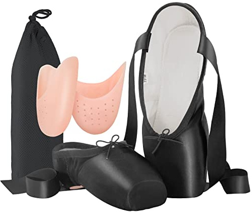 IJONDA Adult Ballet Pointe Shoes for Girls Women with Toe Pads and Mesh Bag (Black, UK2.5)