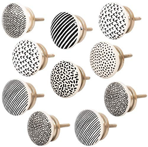 Knober 10 X Set Schwarz-weißer Möbelknauf verziert mit grafischem Muster Serie Castro aus Keramik Möbelknopf Möbelgriff Serie Castro