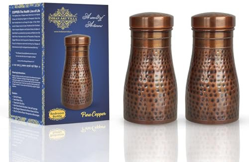 INDIAN ART VILLA Pure Copper Schlafzimmer Wasserflasche mit eingebautem Glas, gehämmertes Antik-Design, Trinkgeschirr & Aufbewahrungszweck, Volumen 1,1 Liter (2 Stück)