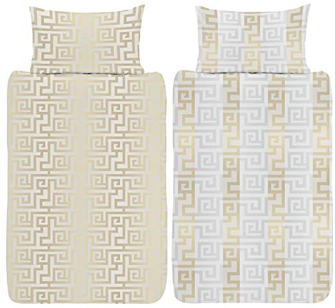 K Collection Athena Bettbezug – Griechisches Mäander Wende-Bettwäsche-Set – Griechisches Schlüsseldesign – 100% Baumwolle – Einzelbett – Creme/Gold