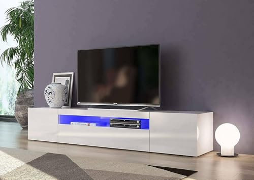 Dmora - Meuble TV Jesse, Buffet bas de salon avec 3 portes, Base pour meuble TV, 100% Made in Italy, 200x40h37 cm, Blanc brillant, avec lumière LED