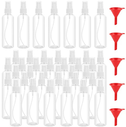 JOIKIT 40 Pack 100ml Clear Plastic Spray Bottles with Lids, Refillable Empty Plastic Travel Spray Bottles, Fine Mist Spray Bottles with 5 Funnels for Cleaning, Travel, Makeup