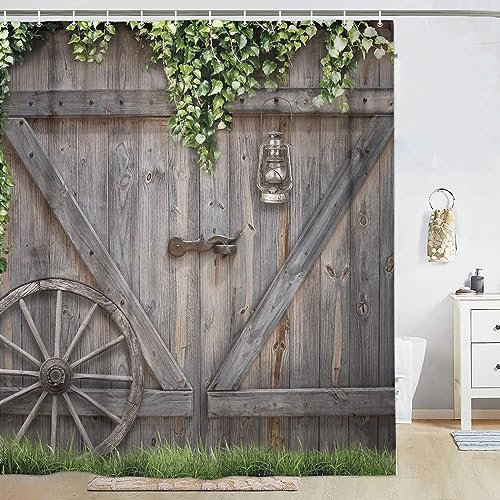 Farmhouse Rustic Western Shower Curtain, Vintage Ivy Leaves on Wood Garage Barn Door American Native Country Farm Fabric Shower Curtains, Brown Green Bathroom Curtain with Hooks 72x72inches