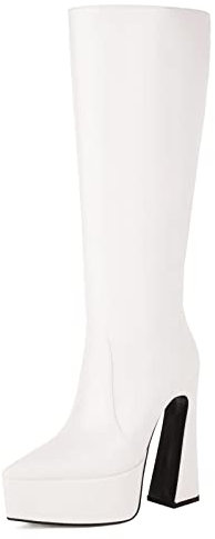 Bviennic Donna Vintage Appuntito Stivali Alti Plateau Senza Chiusura Moda Tacco A Blocco Inverno Senza Chiusura Stivali Western Bianco Numero 36 Eu