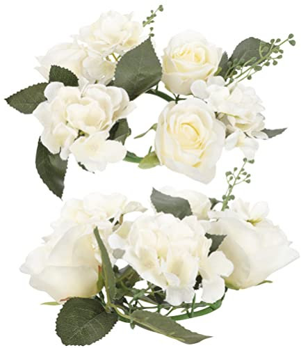 Beavorty 2 Stücke Kerze Rose Kranz Ring Künstliche Rose Blumen Kränze Kerzenringe Gefälschte Kerzenhalter für Hochzeit Party Home Tischdekoration Weiß