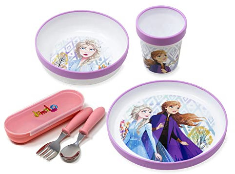 damaloo Kindergeschirr Set rutschfest mit Kinderbesteck BPA frei passend für Frozen Fans - 5-teiliges Geschirrset Eiskönigin - Wiederverwendbares Geschirr und Besteck für Kinder Baby