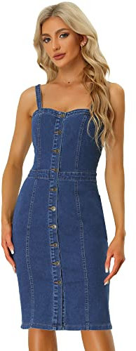 Allegra K Robe en Jean boutonnée pour Les Robes en Jean sans Manches à col en cœur pour Femme Bleu S