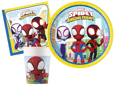 Ciao Kit Vajilla de Fiesta Marvel Spider-Man Spidey and His Amazing Friends para 8 personas (36 pcs: 8 platos Ø23cm, 8 vasos 200ml, 20 servilletas 33x33cm)