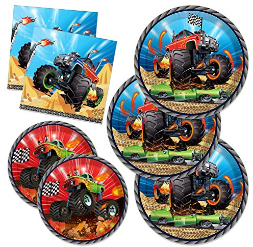 CC HOME Monster Truck Geburtstag Pappteller Servietten Einweg Geschirr Set Party Supplies Tissue Monster Truck Thema Geschirr Besteck-Sets für 24 Gäste für Party Teller Servietten 88 Stück