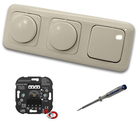 EBROM 1002 Universal PRO (2 x) LED Drehdimmer Dimmer + Busch Jäger Dimmerscheiben 2115-212 und Lichttaster 2020 US in DURO2000 cremeweiß glänzend inklusive EBROM Phasenprüfer zur Montage der Geräte