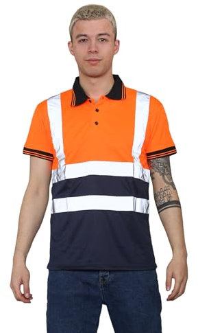 Grunge Wear® Hi Viz High Visibility Short Sleeve Polo Shirts - Men's Reflective Tape Safety Hi Vis Security Workwear T-Shirt Tops (Orange Navy, Small)