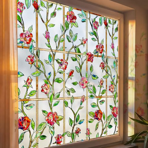 Windimiley Stained Glass Window Privacy Film: 3D Rose Floral Decorative Frosted Static Cling Bathroom Heat Control Sun Blocking Window Sticker Non Adhesive Door Covering(16.9 x 39.4 in,Red)