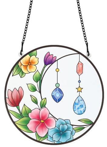 PLIGREAT Lune Cristal Fleur teinté Suncatcher fenêtre Tentures murales Ornement coloré Art Peint Acrylique Verre Panneau Artisanat pour Jardin Maison intérieur et extérieur Suspendus décorations
