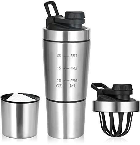 ROCKY&CHAO Shaker à protéines en acier inoxydable - 700 + 200 ml - Avec compartiment à poudre - Pour le sport, le fitness - Bouteille de protéines (avec couvercle à bouton) - En acier inoxydable