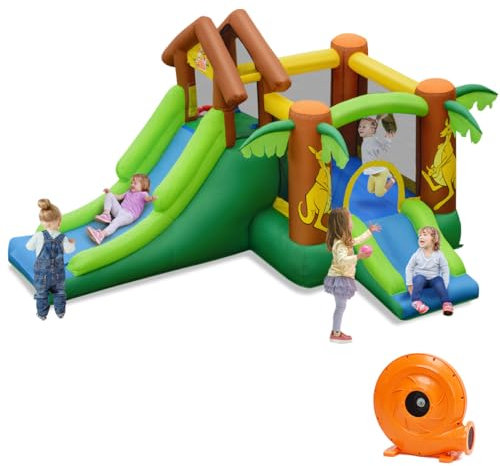 COSTWAY Inflatable Bounce House, Kids Bouncy Castle with Blower, Slide, Climbing Wall, Ocean Balls, Blow up Trampoline Jumper for Indoor Backyard Playground