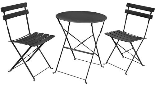 AKORD Gartenmöbel Set 3-teilig Orion | Balkonmöbel 2 Klappbaren Stühle 1 Tisch | Klapp-Möbel | Gartenset Sitzgarnitur für 2 | Garten-stühle | Gartentisch Wetterfest | Sitzgruppe Metall | Schwarz