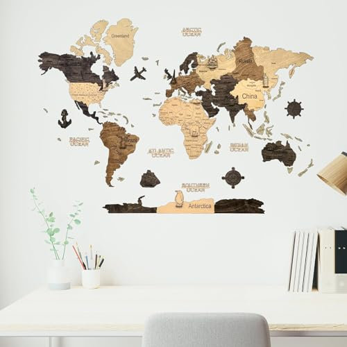 Creatifwood Carte du monde en bois 2D pour décoration murale - Mappemonde en Bois - Art mural - Pour salon, bureau ou chambre (Multicolor, 80L x 55l cm)