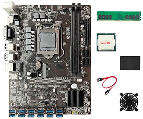 iFutniew B250C BTC Miner Motherboard + G3930 CPU + DDR4 4GB 2666MHz RAM + 128G SSD + Lüfter + -Kabel 12XPCIE auf USB 3.0 Grafikkartensteckplatz