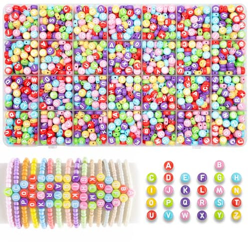 MiuCo 1850 Stück Bunte Buchstabenperlen zum Armbänder Selber Machen set, Rund Buchstaben Perlen für Auffädeln, 7mm Spacer Alphabet Perlen Set für Friendship Bracelet Kit Schmuck Basteln für Geschenk