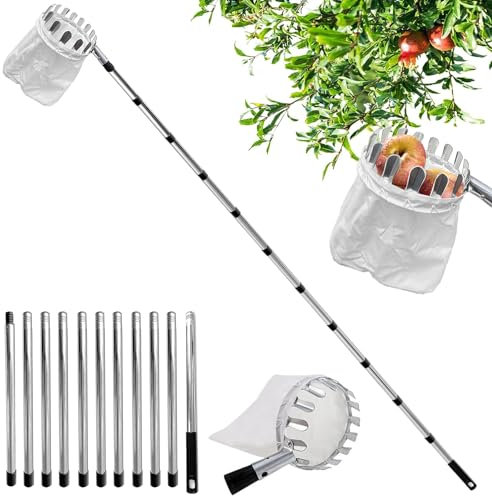 Recogedor de Frutas Telescopico,Cesta Recogedora de Manzanas 4.2M,con poste telescópico de acero inoxidable ligero y bolsa de algodón para Cosechar Cerezas y Ciruelas.