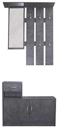 HTI living Garderobenpaneel mit Schuhschrank Thekla Beton mit Spiegel Hutablage und 5 Kleiderhaken