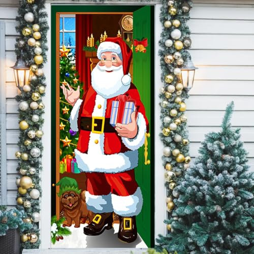 VOPIWOZ Christmas Door Cover, 90 x 185 cm Türvorhang Weihnachten, Hängender Weihnachtsmann Deko Draußen Türvorhang, Türdeko Weihnachten mit Ribbon, Weihnachten Banner für Winterdeko Weihnachtsfeier
