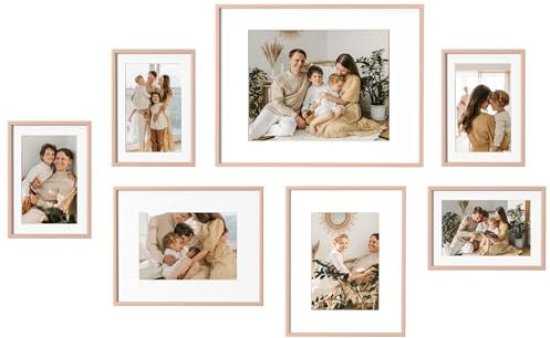 eletecpro Aluminum Gallery Wall Frame Set of 7, Including 1Pc 11x14, 2Pcs 8x10, 4Pcs 5x7 Photo Frames for Wall or Tabletop Display, Multiple Sizes Picture Frames Collage Wall Decor, Rose Gold