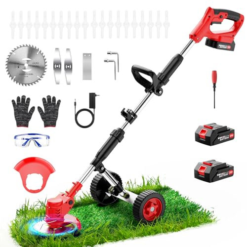 21V Strimmer Cordless Grass Trimmer, 3 in1 Cordless Strimmer with 2Pcs Batteries, Detachable Wheels, 4 Kinds Blades, Electric Garden Strimmer for Garden Clearing Weeds