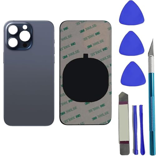 Peixiong 15 Pro Rückglas-Ersatz für iPhone 15 Pro, Rückseite Glas Abdeckung Ersatz mit vorinstalliertem Kleber + Reparaturwerkzeug-Kit (Blaues Titan)