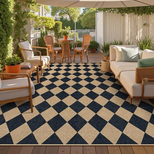 Lahome Karierter einfacher Jute-Teppich, 22,9 x 30,5 cm, für Esszimmer, Büro, groß, neutral, waschbar, Landhaus-Teppich, Rautenmuster, rutschfest, für Terrasse, Innenhof, Wohnzimmer