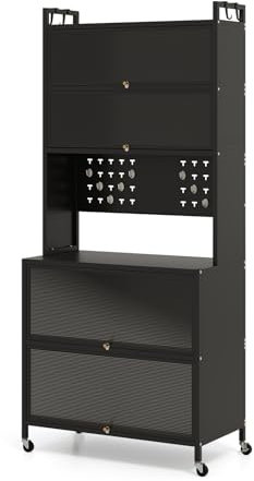 GOPLUS Küchenschrank mit 5/6 Ebenen, Buffetschrank mit Arbeitsplatte & Schränken, Vorratsschrank mit Klapptüren, Haken, Küchenbuffet mit Rollen, Mikrowellenschrank (Schwarz,80 x 40 x 178 cm)