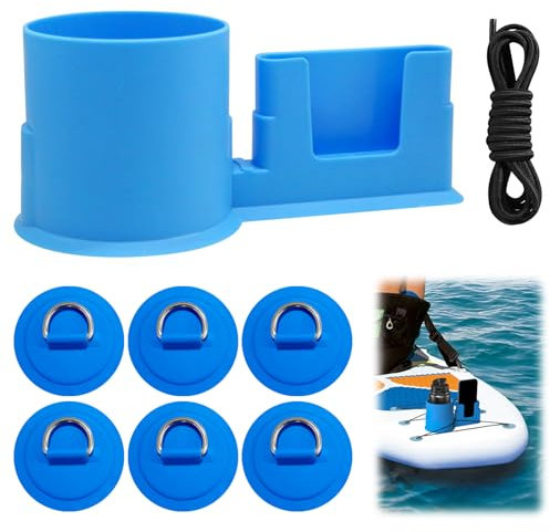 HINGTAI 2-in-1 Paddle Board Cup Holder Kayak Phone Mount Boat Tool with 6 Pcs PVC D-Rings 8.2ft Kayak Stretch Shock Cords Rope, Surfboard Drink Holder Accessories for Fishing Gears