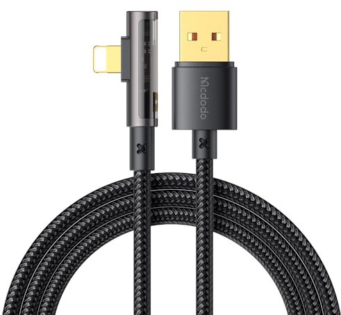 mcdodo iPhone Lightning Cable USB 90 Degree Angle Plug Transparent iPhone Fast Charging Cable 1.2 m with 3A Max, Compatible with iPhone X/XR/XS/11/12/13/14/SE/iPad/AirPods