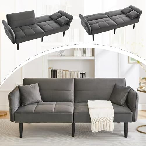 Lontl Schlafsofa 2 Sitzer mit Schlaffunktion – Verstellbares Sofa aus Samt, Schlafcouch klappbar & platzsparend, kleines Sofa für Wohnzimmer & Gästezimmer (Gray)