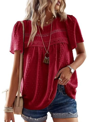 TUUHAW Tunika Damen Große Größen Sommer Boho Bluse Kurzarm Rot 3XL