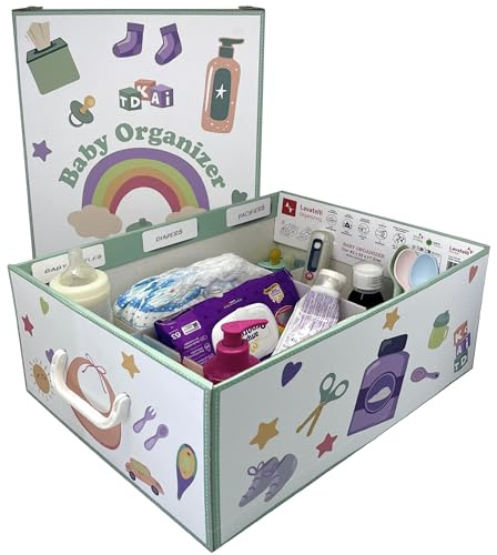 Lavatelli Baby Organizer, Aufbewahrungsbox für Babys, aus Karton, 32x42x17,5 cm, mit 4 Trennwänden für Windeln, Zubehör, Feuchttücher, Schnuller, Body, Wäsche, Wickeltisch, Kinderzimmer