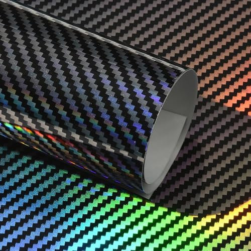 Blueshyhall Autofolie Carbon Schwarz Silber Glanz Holo, Car Wrapping Folie Hoch Glänzend mit Regenbogen Effekt, Tuning Folie Innen Außen mit Luftkanälen für Auto Motorrad Fahrrad (30 x 152 cm)