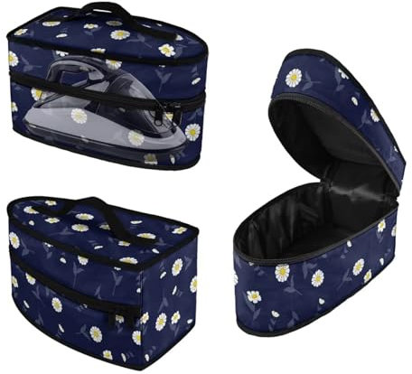 Buxolandt Iron Travel Storage Bag with Handle, 300D Polyester Zippered Storage Case, Fits Most Irons 30x14x17cm, Protective Dust-Proof Iron Organizer Simple White Daisy Print Blue