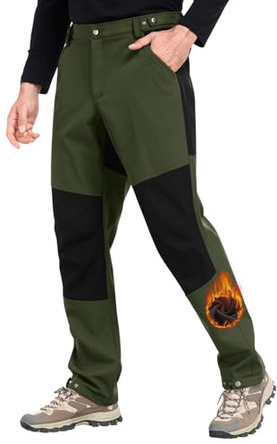 Xnova Pantalon Trekking Hombre Impermeables Pantalones de Trabajo Montaña Senderismo Pantalón Invierno Forro Polar Termico con Cintura Elastica Pantalon Tactico Cargo Pants, Verde Militar, L