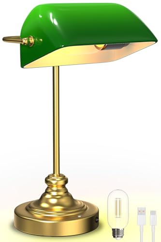LGMCF Kabellose Bankerlampe, 6000mAh Wiederaufladbare Vintage-Schreibtischlampe mit Touch-Steuerung, dimmbare Klassische Tischlampe aus Glas Grün für Home Office, Bibliothek, Wohnzimmer, Arbeitszimmer