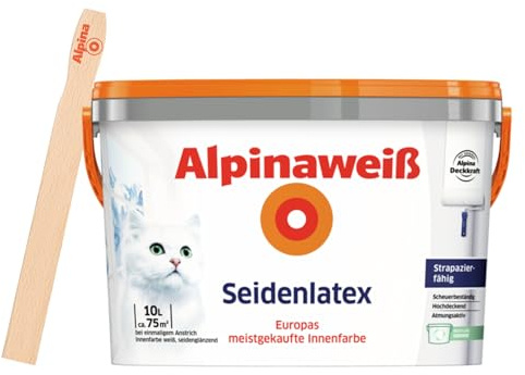 Alpinaweiß Seidenlatex 10 Liter Weiß – hochwertige Wandfarbe für seidigen Glanz – ergiebig, deckend & strapazierfähig – inkl. gratis Rührholz