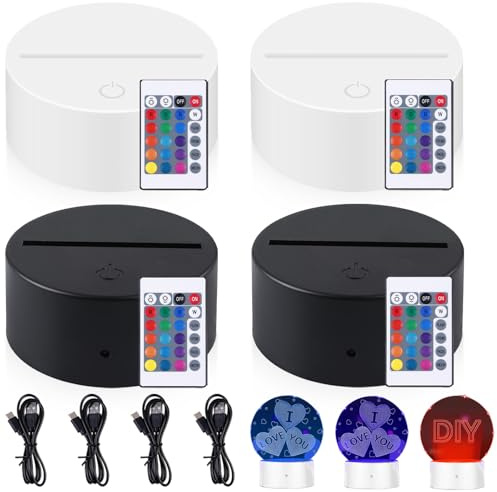 4 Stück 3D LED Nachtlicht Lichtsockel, LED Sockel mit Fernbedienung und USB-Kabel, 3D Illusion Lampe 7 Farben Lichter Dimmbar, Dekoration Lampe für Acryl und Plexiglas, dekorative Lichter (W+S)