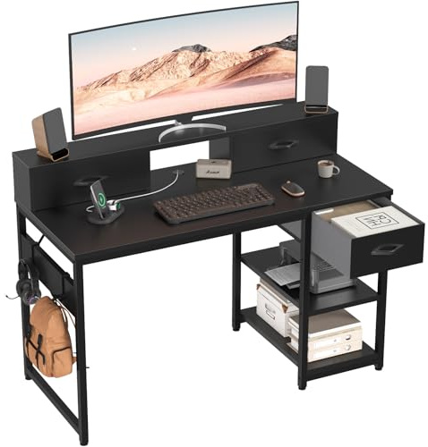 Devoko Schreibtisch mit Schubladen, Computertisch mit Stauraum und umkehrbaren Regalen, mit Monitorhalterung, Kabelmanagement, 2 verstellbaren Regalen und unterer Schublade, 120 x 50 cm,Schwarz