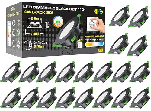 CLAR - Einbaustrahler LED, Deckenstrahler, LED Einbaustrahler 230V, Deckenspots, Spots Dekenleuchte, Badbeleuchtung, Deckenleuchte Dimmbar, Einbauleuchten Black 4W CCT (Pack 20)