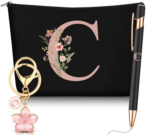 Hestya Lot de 3 Cadeaux pour Femmes, Lettre C, Noir, Métal | Anniversaire Cadeaux pour Femmes avec Initiale Florale Trousse de Maquillage Porte-Clés Stylo à Bille pour Amie Maman