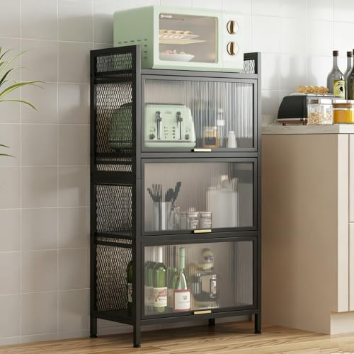 LEADZM 4-stufiges Küchenschrank, Buffetschrank, Mikrowellenschrank Schwarz | Küchenregale Stehend, mit halbtransparenter PC-Tür, Bäckerregal, Standregal, Lagerregal für Küche Wohnzimmer