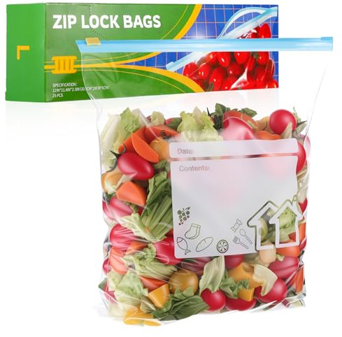 25 Pcs Food Storage Freezer Bags, Zip Lock Bags, Ziplock Bag, Sandwich Bag | 4.55L, Reusable, Zip Seal, with Expandable Bottom, Writable Area, BPA-free, for Fruits, Vegetables, Meat, Grains,Snack
