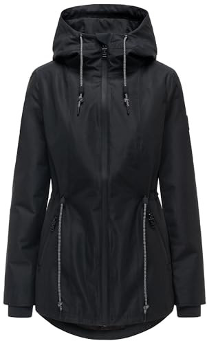 Navahoo Damen leichte wasserdichte Übergangsjacke kurze Jacke mit wasserdichtem Verschluss, Taillenzugkordel und verstellbarer Kapuze Blumentanz 14 Black Gr. XXL