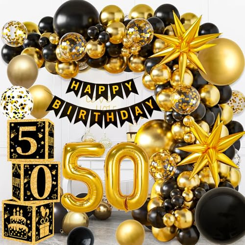 YEJIKJ Deko 50. Geburtstag Mann Frauen, 50 Geburtstag Deko Ballonbox, 50. Schwarz Gold Deko Luftballons, Schwarz Gold Box Deko Mann Frauen fur 50. Partydekorationen
